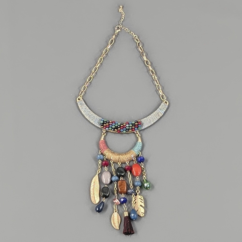 Boho Gold Tone Bib Necklace Multi Color Bead Thread Feather Tassel Statement